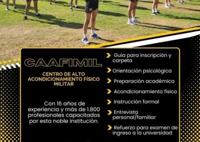 Para conocerte tienes que llegar al límite…con motivación y disciplina consciente..en Caafimil Ecuador los obstáculos son oportunidades…y las oportunidades se convierten en metas…Para ser parte de la mejor institución del país… primero serás valorado mediante una entrevista tripartita (cadete.. representante e institución) para detallar el proceso al que se someterá el cadete.El cadete fortalecerá su carácter… disciplina…sus conocimientos…la parte física…la lectura es parte fundamental para el crecimiento y cambio de actitud y aptitud… Dirección : Sector San Bartolo – Av – Maldonado y Tablón , Frente a la Fosforera Ecuatoriana – telfs – 0997 – 768 – 475 – y al – 0992 – 805 – 910 – » Caafimil » – Valor , Disciplina , Lealtad .